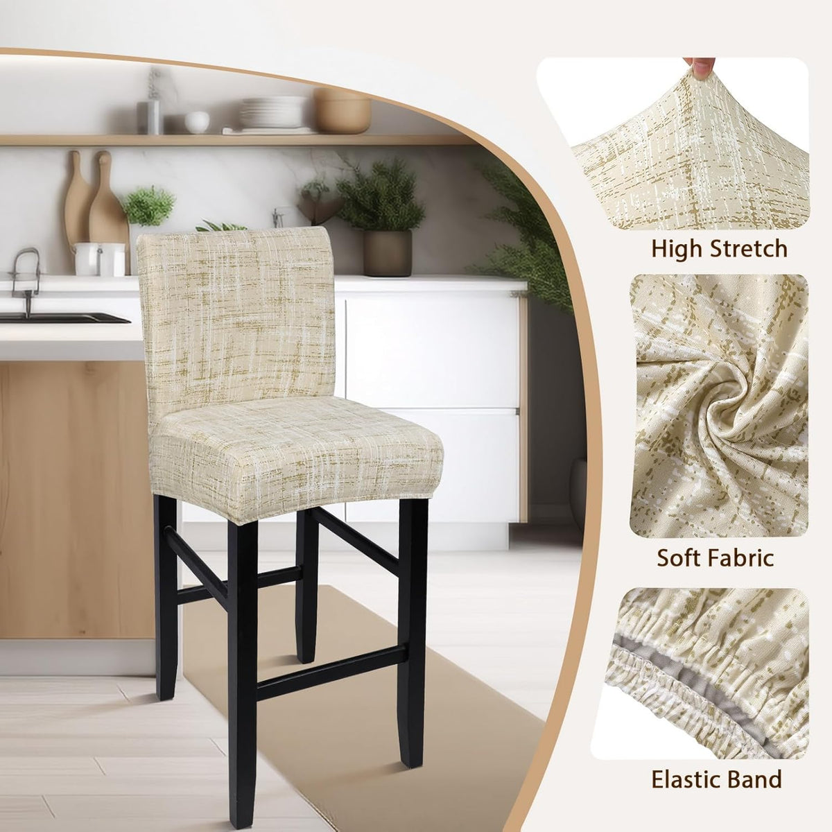 SearchI Bar Stool Covers Set of 4, Stretch Washable Barstool Seat Covers, Counter Height Chair Covers for Kitchen Dining Room Cafe (Beige Linen-Look Print)