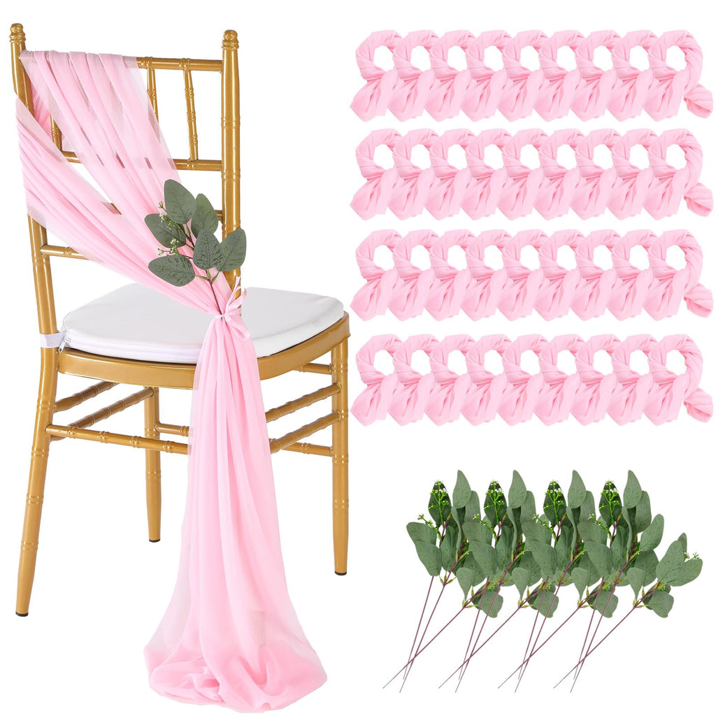 QueenDream White Chair Sashes Wedding Aisle Decorations: 24 Packs 8ft Long Draping Fabric Sheer Church Chair Cover Bulk for Party Banquet