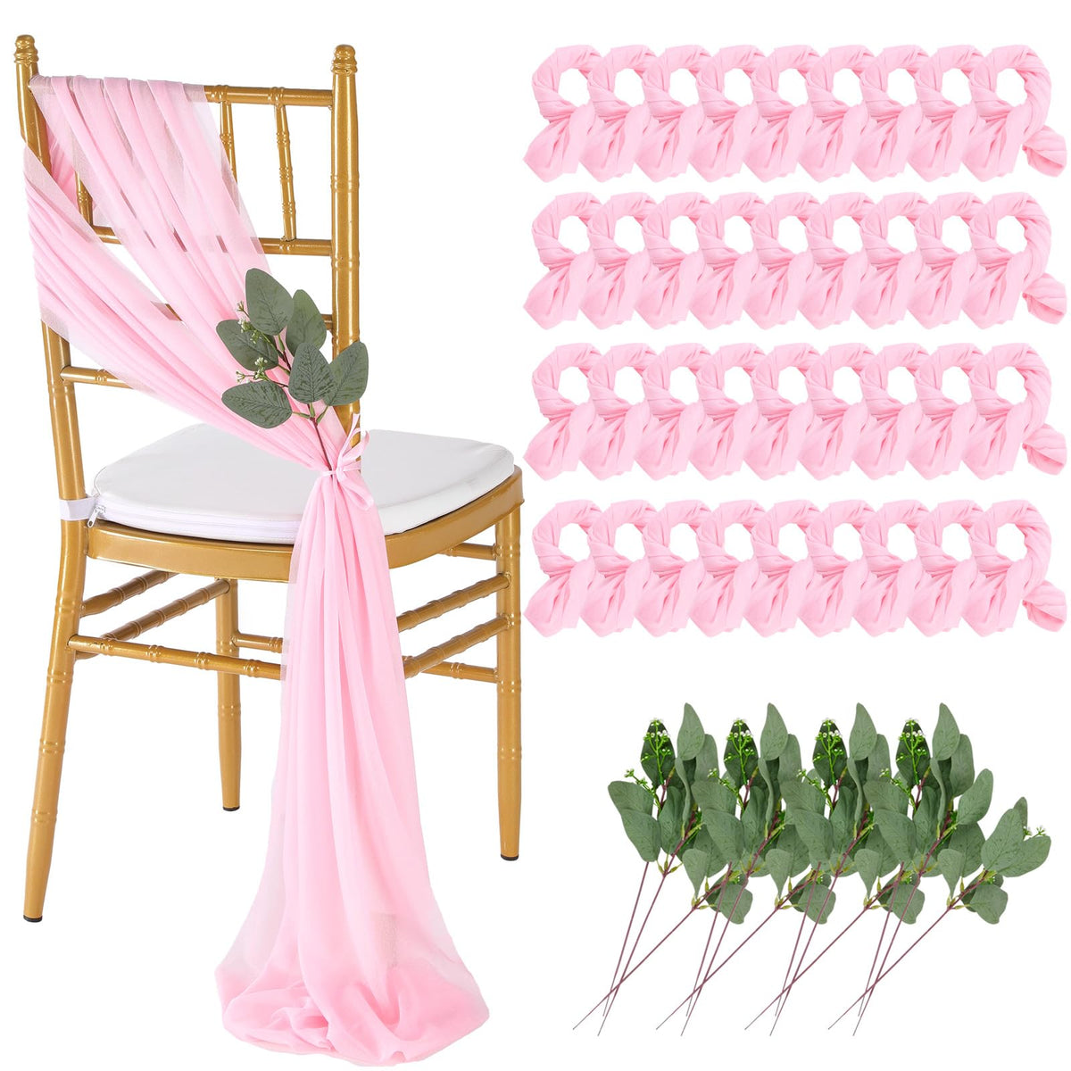 QueenDream White Chair Sashes Wedding Aisle Decorations: 24 Packs 8ft Long Draping Fabric Sheer Church Chair Cover Bulk for Party Banquet