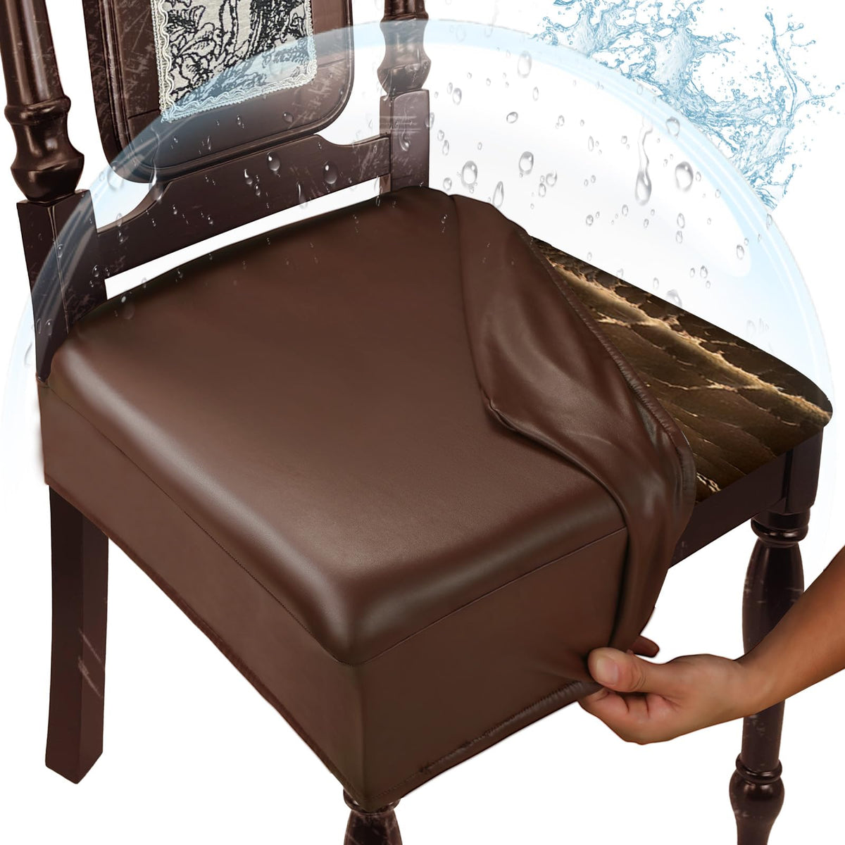 Waterproof Dining Chair Seat Covers Leather Kitchen Seat Covers, Stain Resistant Stretch Chair Seat Covers for Dining Room Chairs Set of 4, Rear Covered Washable Dining Chair Covers Black