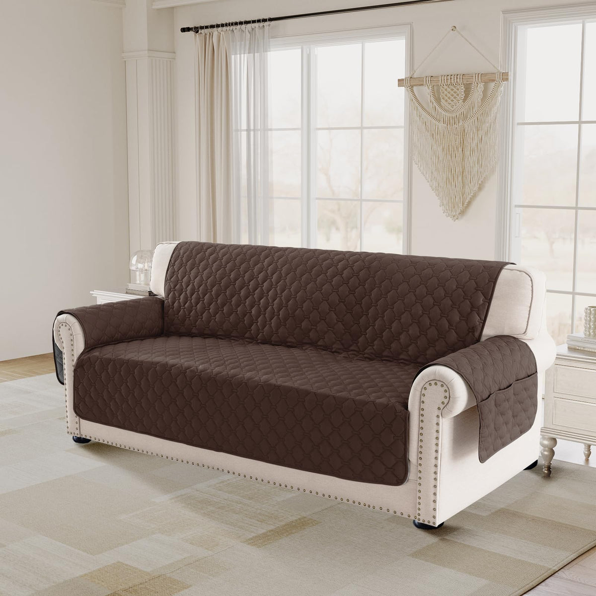 PrinceDeco Love Seat Couch Covers for Dogs Quilted Loveseat Cover Furniture Protector Non-Slip Rubber Backing Water Resistant for 2 Cushion Couch Seat Width to 48"(Loveseat, Brown)