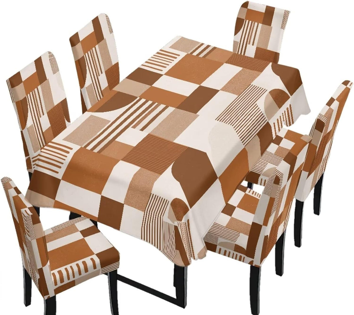 Dining Seat Slipcovers Set of 7 Includes Tablecloths, Removable Dining Room Chair Covers Stain Resistant Table Protector for Home Restaurant, Light Brown Beige Geometry Patchwork