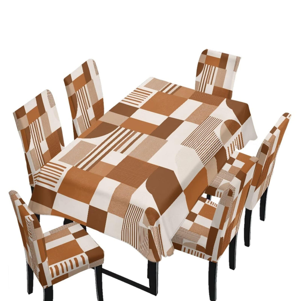 Dining Seat Slipcovers Set of 7 Includes Tablecloths, Removable Dining Room Chair Covers Stain Resistant Table Protector for Home Restaurant, Light Brown Beige Geometry Patchwork