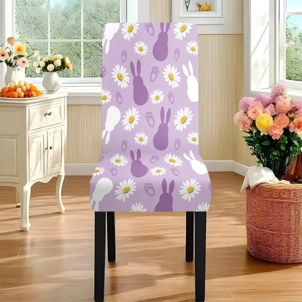 ZDCUSTOM Easter Table and Chair Covers for Parties Purple Bunny Dining Chairs Cover Daisy Tablecloths Rectangular for Easter Party