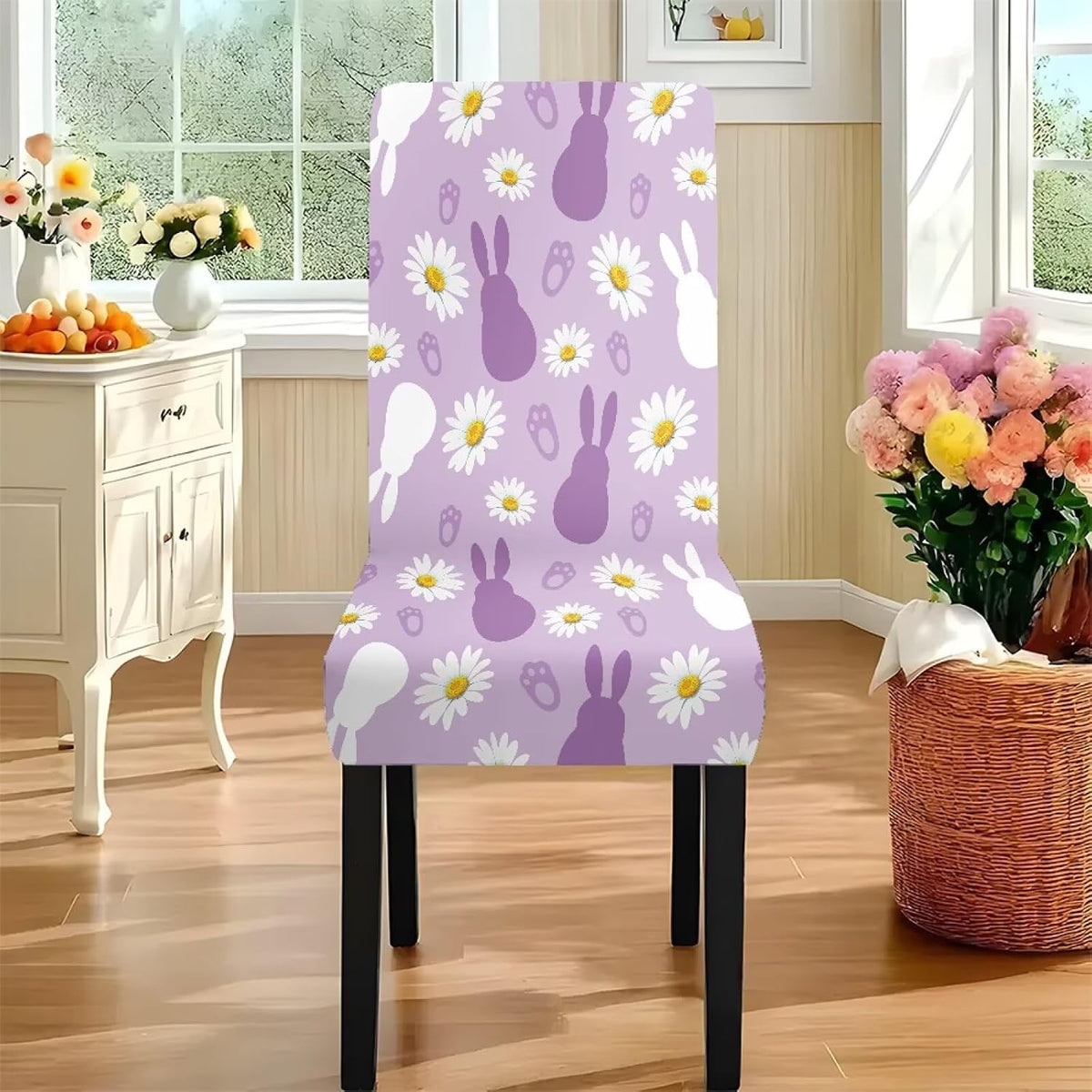 ZDCUSTOM Easter Table and Chair Covers for Parties Purple Bunny Dining Chairs Cover Daisy Tablecloths Rectangular for Easter Party
