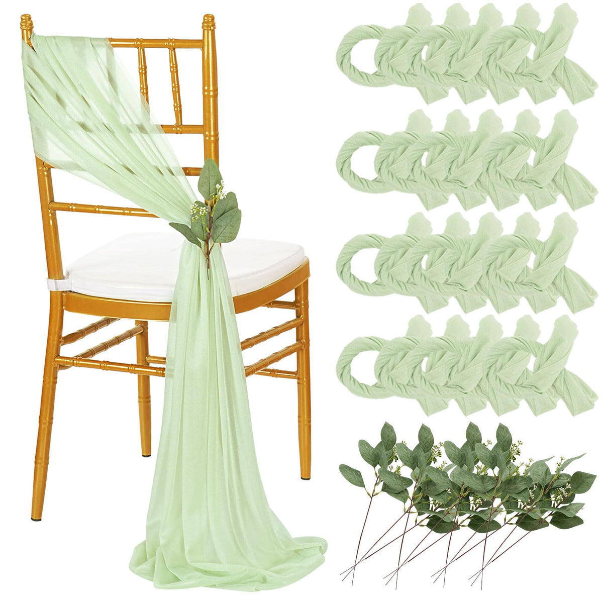 QueenDream White Chair Sashes Wedding Aisle Decorations: 24 Packs 8ft Long Draping Fabric Sheer Church Chair Cover Bulk for Party Banquet