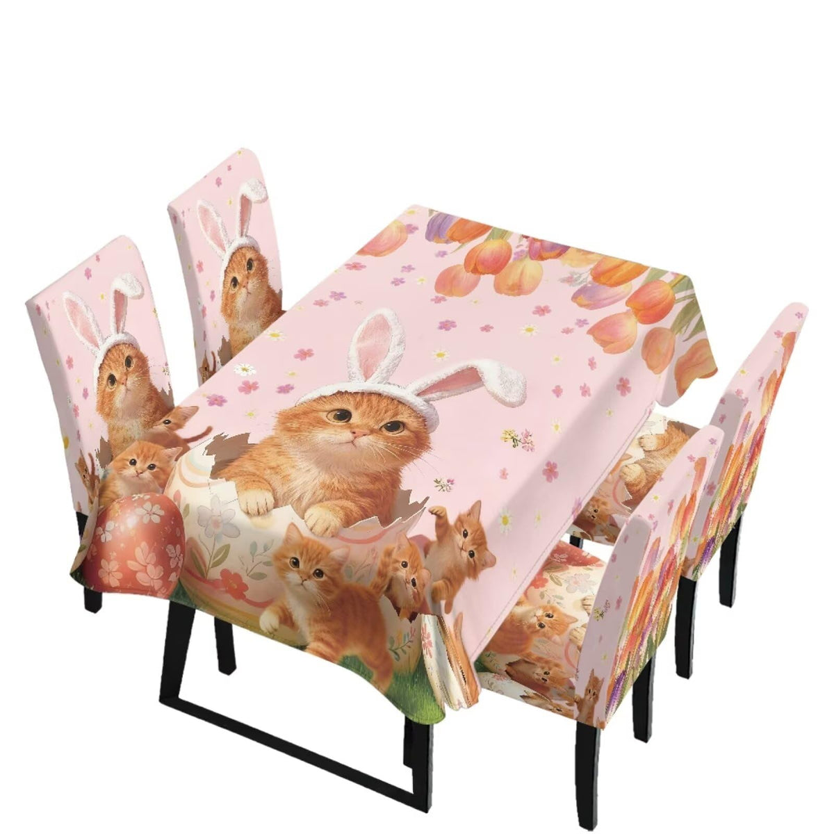 Table Cloth and Dining Chair Covers Set of 5, Kitchen Chair Slipcovers Rectangle Table Cover, Removable Anti-dust Tablecloths Stain Resistant Soft Hotel Decor, Retro Geometry Flower