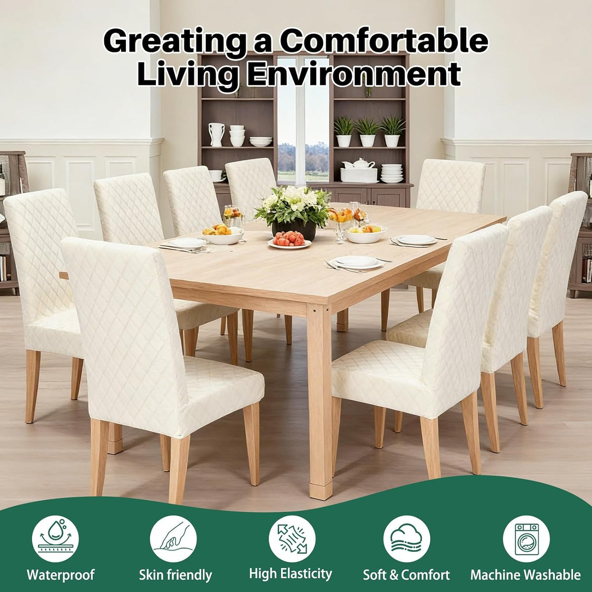 Dioxide Waterproof Chair Covers for Dining Chairs, Stretch Dining Chair Covers Set of 6, Parson Chair Slipcovers, Washable Kitchen Chairs Seat Covers Protectors for Home Restaurant Banquet - Beige
