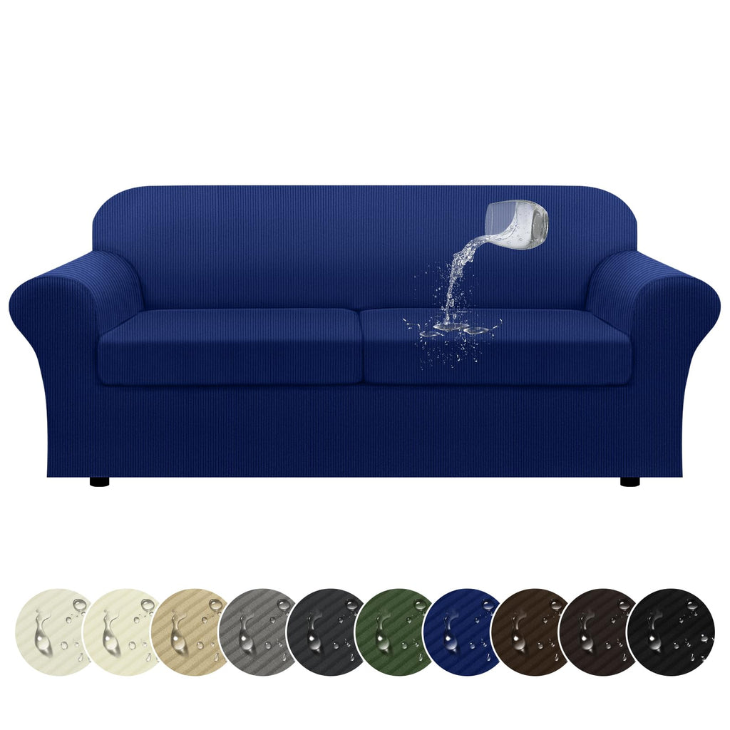 100% WaterproofLoveseat Cover 3-Piece Set Striped Loveseat Slipcovers for 2 Cushion Couch Sofa Covers with TPU Leakproof Bottom Stretch Couch Protector Pet Proof - Loveseat, Navy