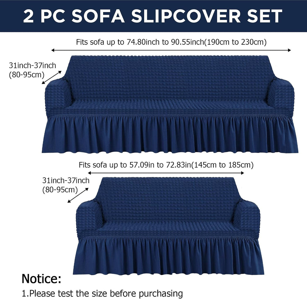 Fanfanwin 2 Pcs Sofa and Loveseat Slipcover Set with Skirt, Navy Blue