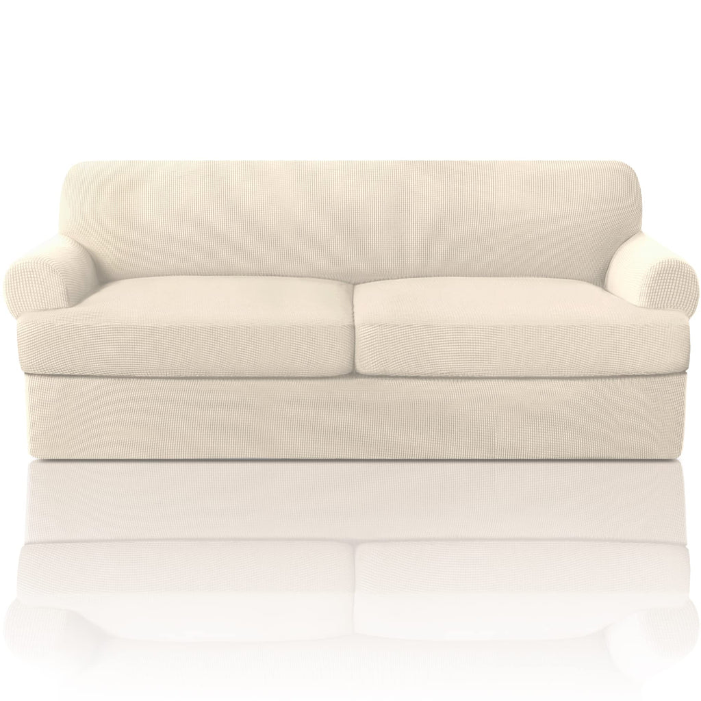 PrinceDeco T Cushion Loveseat Slipcover - 3 Pieces Sofa Cover for 2 Cushion Couch with 2 Individual T Shape Seat Covers Width Up to 76 Inch - Stretch, Machine Washable, Porcelain