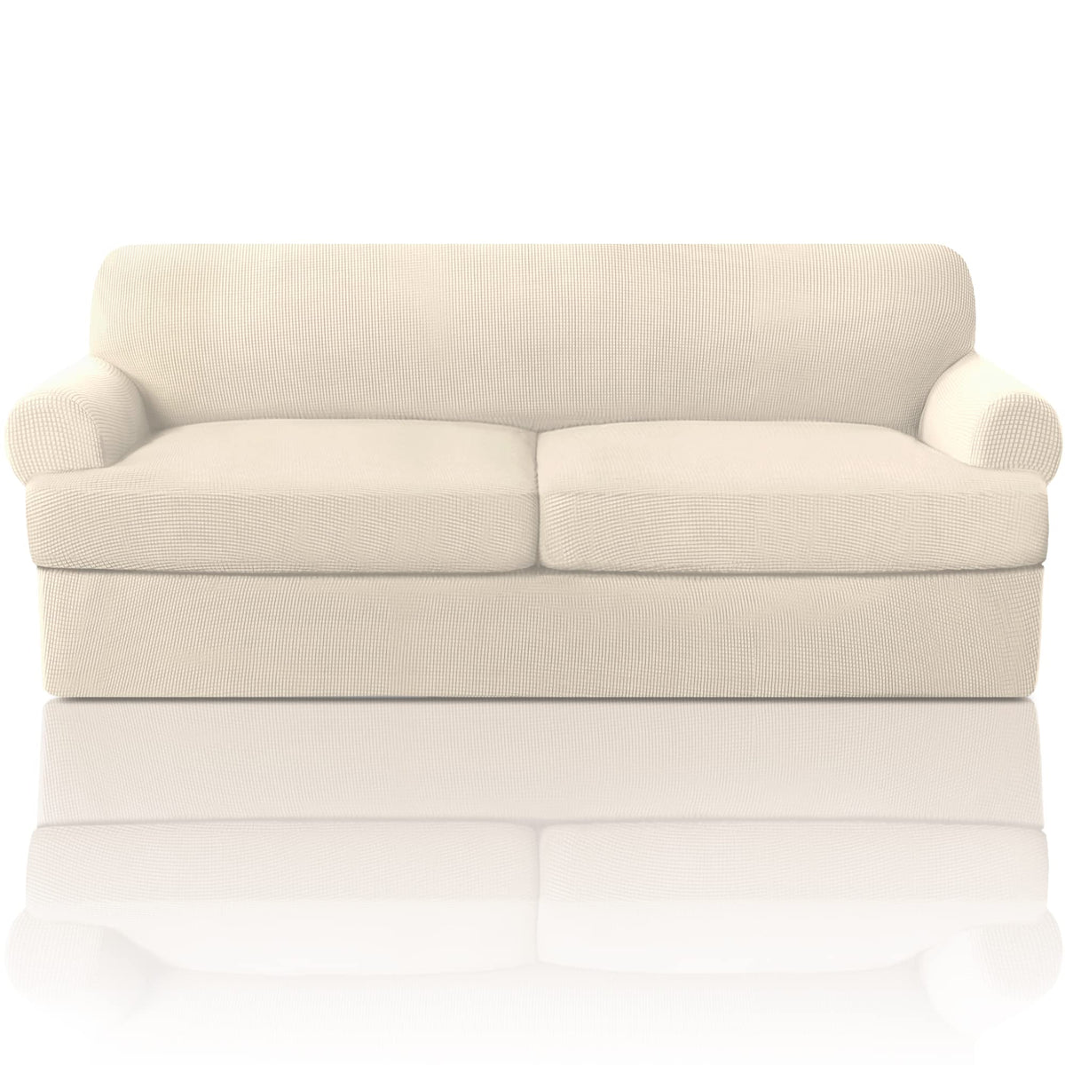PrinceDeco T Cushion Loveseat Slipcover - 3 Pieces Sofa Cover for 2 Cushion Couch with 2 Individual T Shape Seat Covers Width Up to 76 Inch - Stretch, Machine Washable, Porcelain