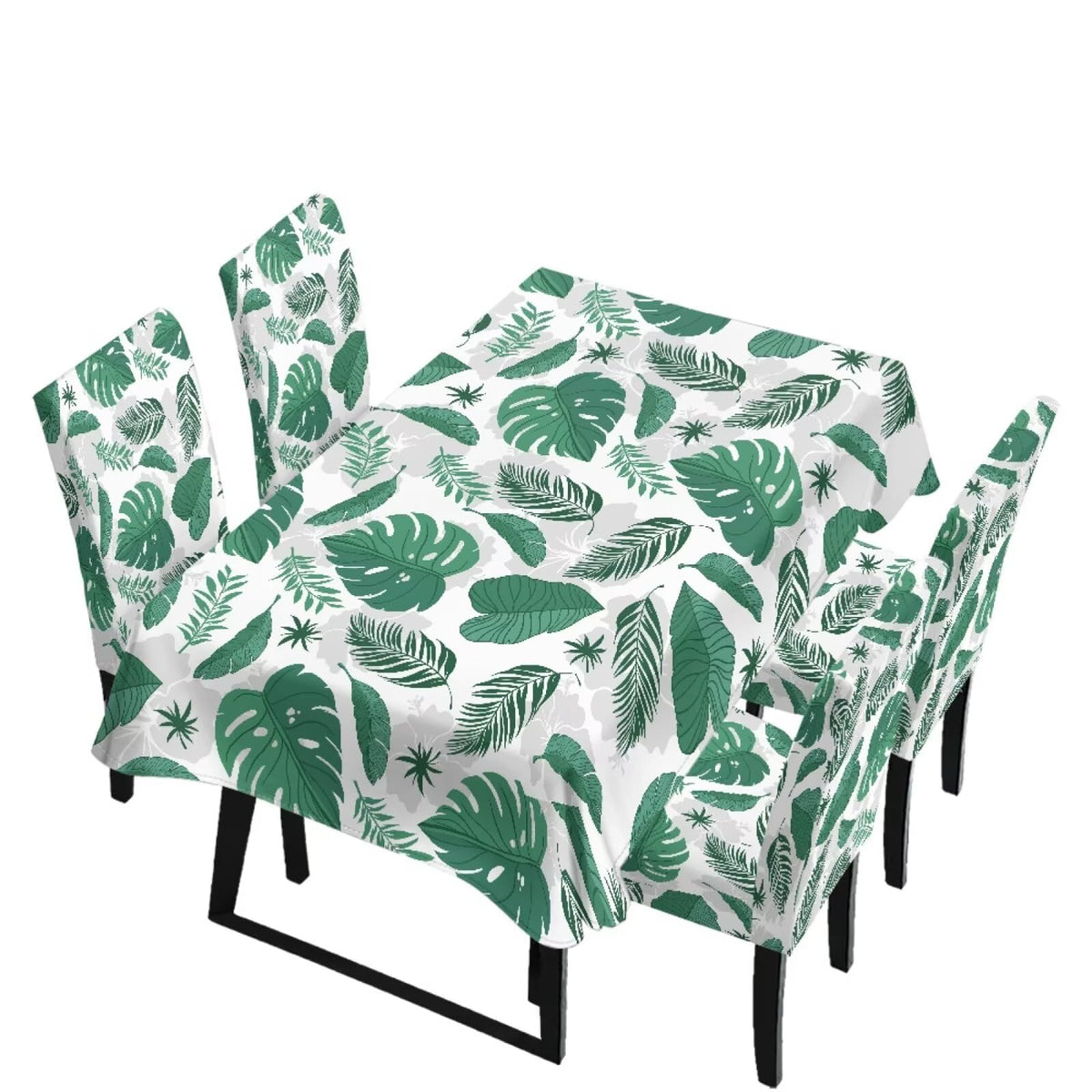 Dining Room Chair Cover and Tablecloths 7 Pack, Stain Resistant Stretch Kitchen Chair Seat Slipcovers Anti-Wrinkle Table Protector for Party, Pastoral Rose Flower Stripes Print Green