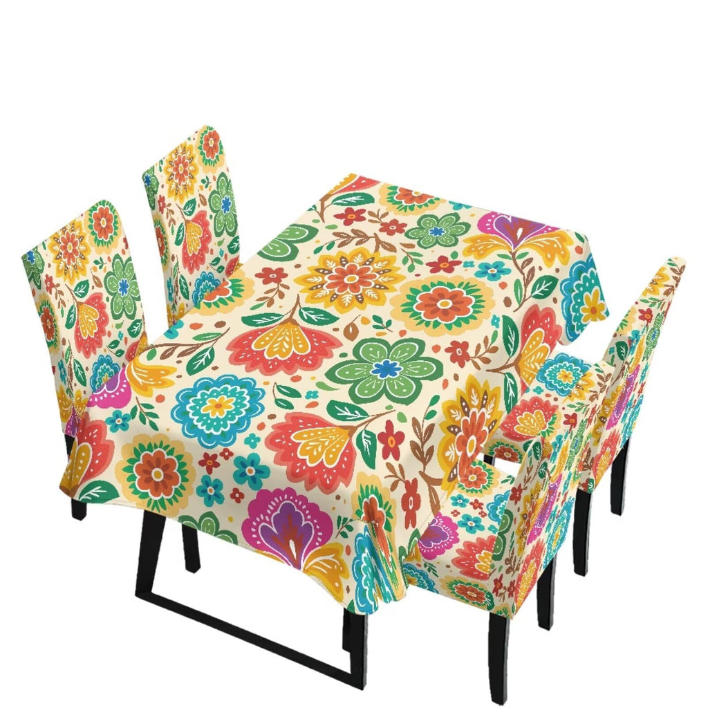 5 Pack Dining Room Chair Cover Set and Table Cloth Rectangle, Dust Proof Machine Washable Tablecloths Comfortable Chair Seat Slipcovers for Restaurant Decor, Abstract Fluid Marble