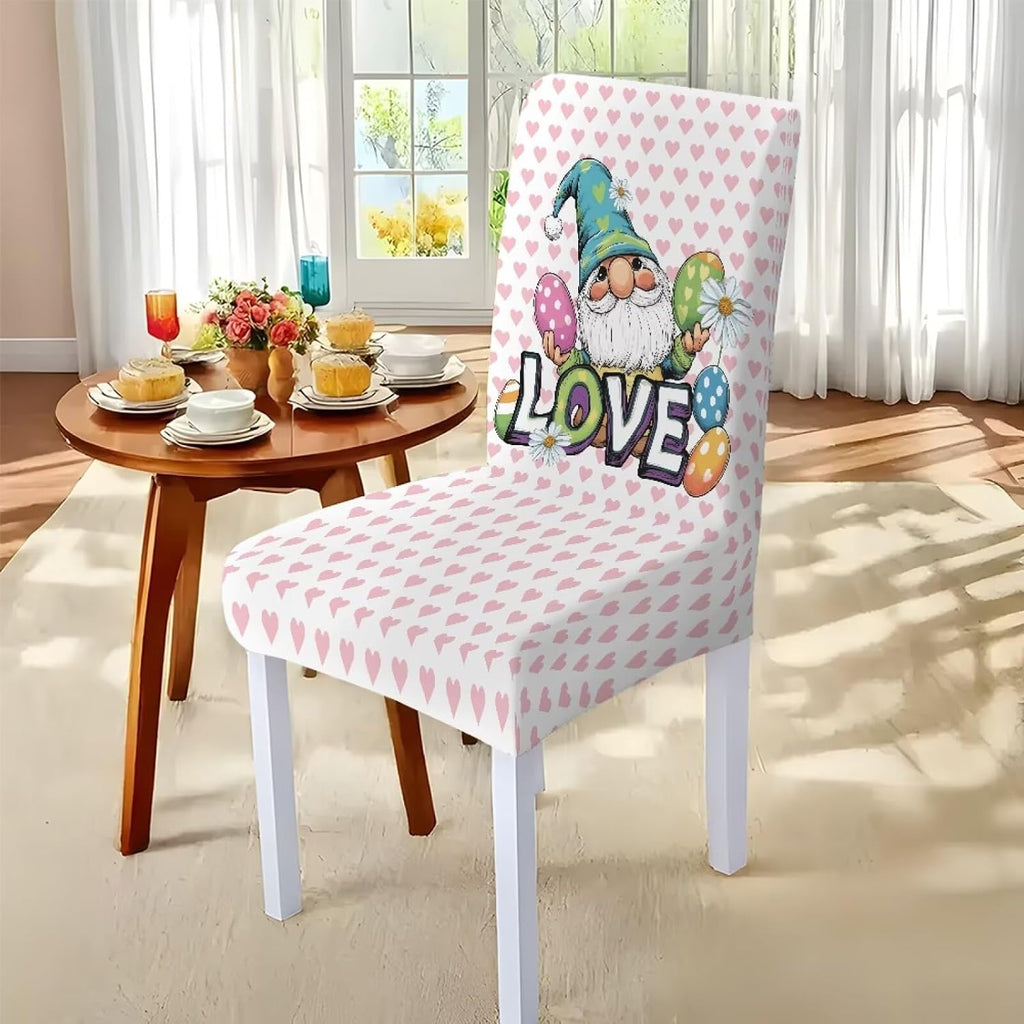 Dining Seat Slipcovers for Easter Decor Set of 7 Includes Tablecloths and Stretch Removable Dining Room Chair Covers Stain Resistant Table Protector, Easter Egg Love Heart Gnome Print
