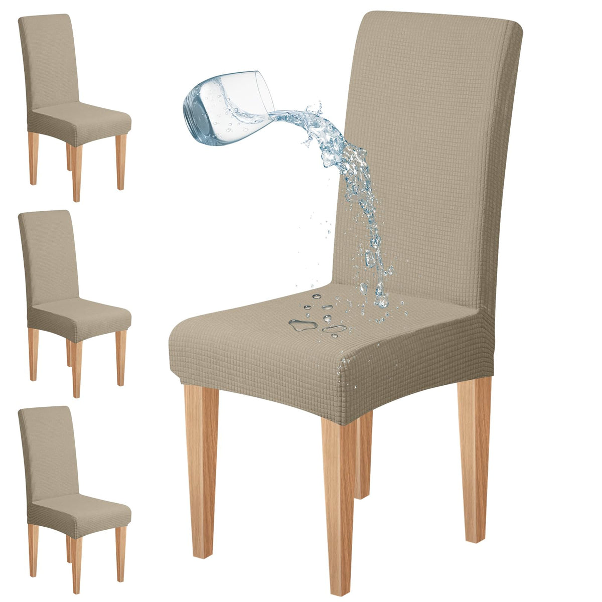 Dioxide Waterproof Chair Covers for Dining Chairs, Stretch Dining Chair Covers Set of 6, Parson Chair Slipcovers, Washable Kitchen Chairs Seat Covers Protectors for Home Restaurant Banquet - Beige