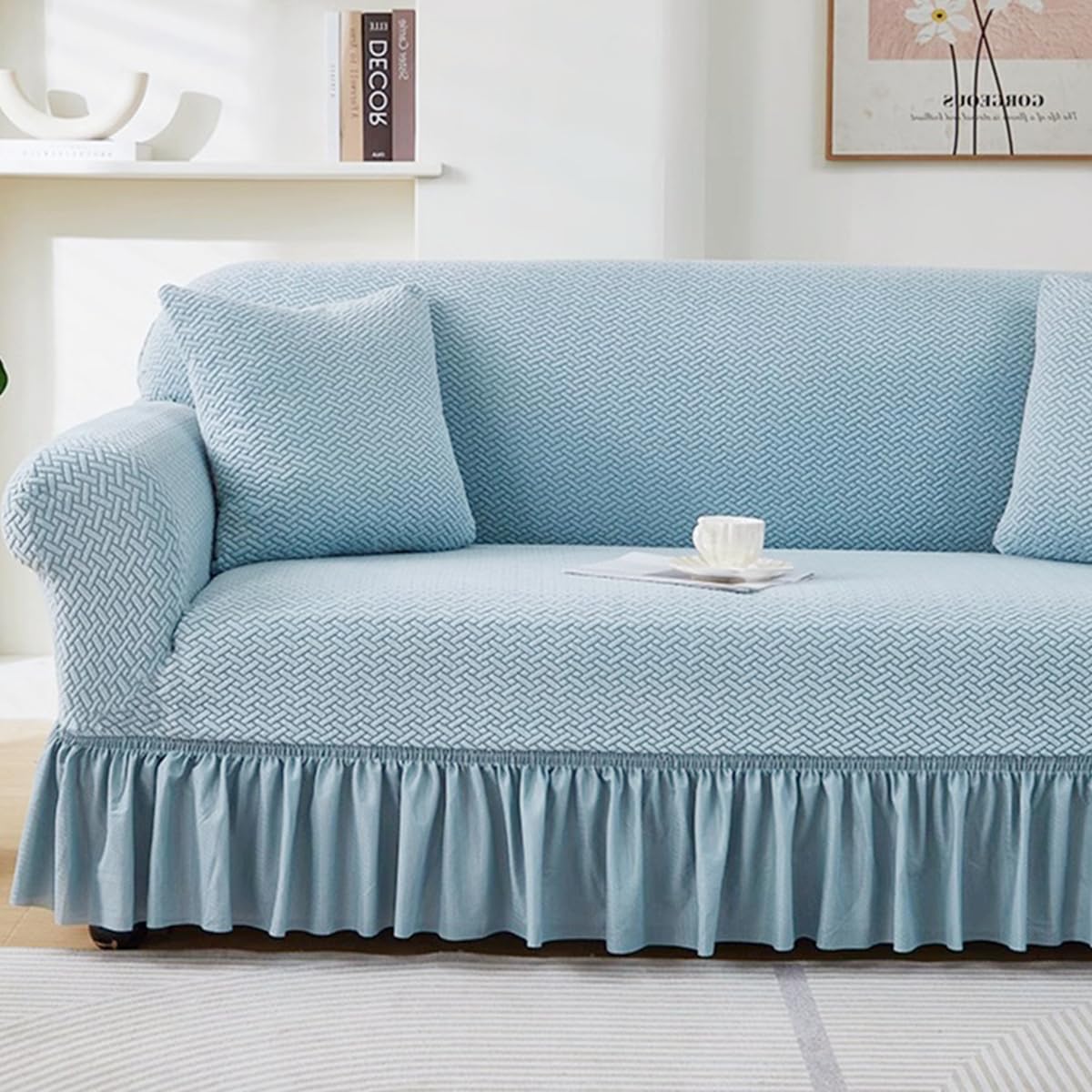 KAIJIE 1 piece Double seat Textured Sofa Slipcover with Ruffle Skirt,Elastic Stretch Fabric，Leaf Pattern Design Thick Anti Slip Protective Cover C-01Haze Blue
