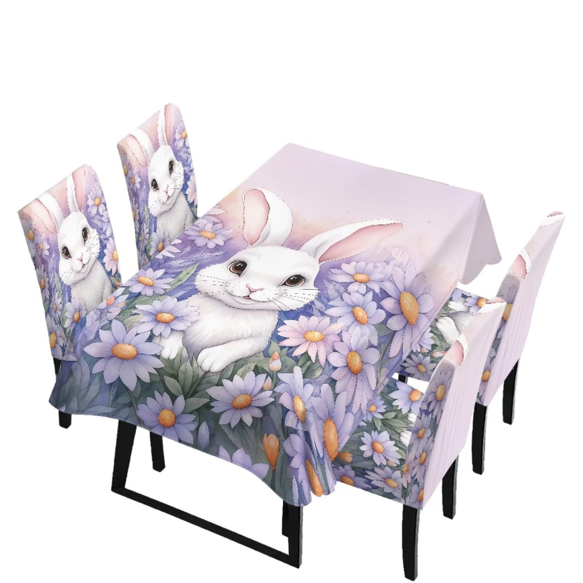 Table Cloth Rectangle Table Set of 7 Include Kitchen Chair Covers and Tablecloths for Dining Room Hotel Banquet, Anti-Scratch Chair Seat Protector Cover, Daisy Hippie Flower Print
