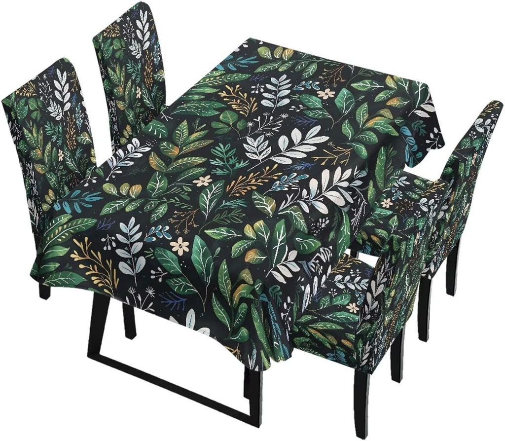 Table Cloth Rectangle Table Set of 7 Include Kitchen Chair Covers and Tablecloths for Dining Room Hotel Banquet, Anti-Scratch Chair Seat Protector Cover, Daisy Hippie Flower Print
