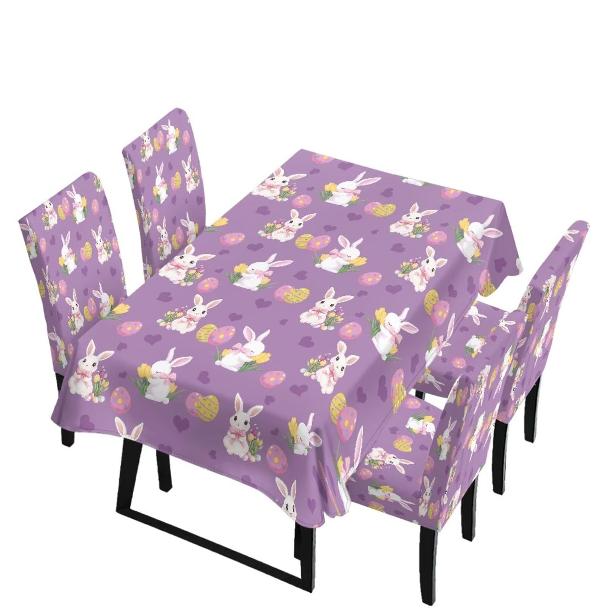 Table Cloth Rectangle Table Set of 5 Include Kitchen Chair Covers and Tablecloths for Dining Room Easter Decor, Anti-Scratch Chair Seat Protector Cover, Blue Cartoon Rabbit Carrot Dot