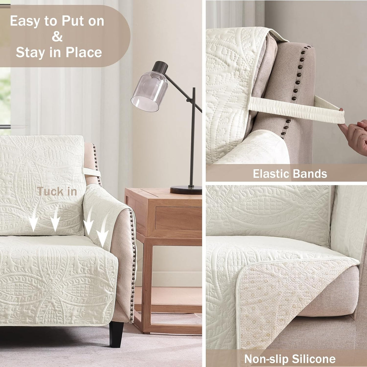 Stay in Place Ivory White Quilted Loveseat Couch Cover for 2 Cushion Couch, Water Repellent Love Seat Quilted Sofa Covers Washable, Pet Friendly Slipcovers (Loveseat 48", Ivory White)