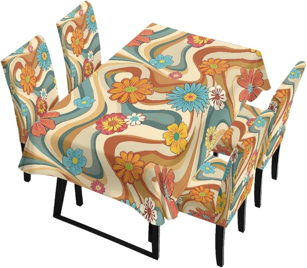 Stain Resistant Tablecloths and Dining Seat Covers Set of 5, Kitchen Chair Slipcovers Washable Table Slipcover Chair Seat Covers for Kitchen Restaurant, Chicken Cactus Print