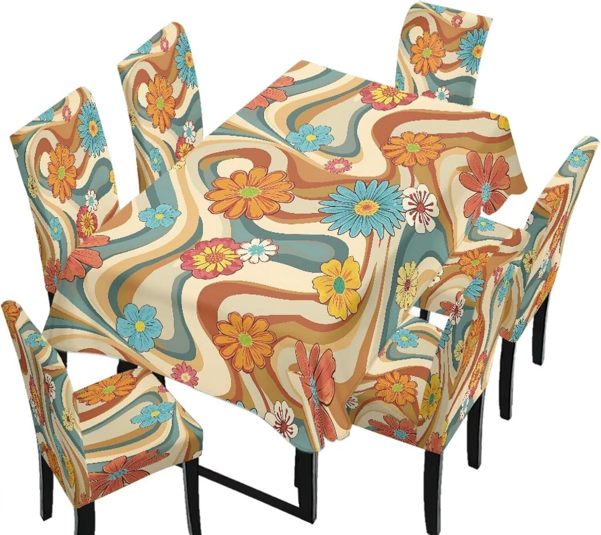 Stain Resistant Tablecloths and Dining Seat Covers Set of 5, Kitchen Chair Slipcovers Washable Table Slipcover Chair Seat Covers for Kitchen Restaurant, Chicken Cactus Print