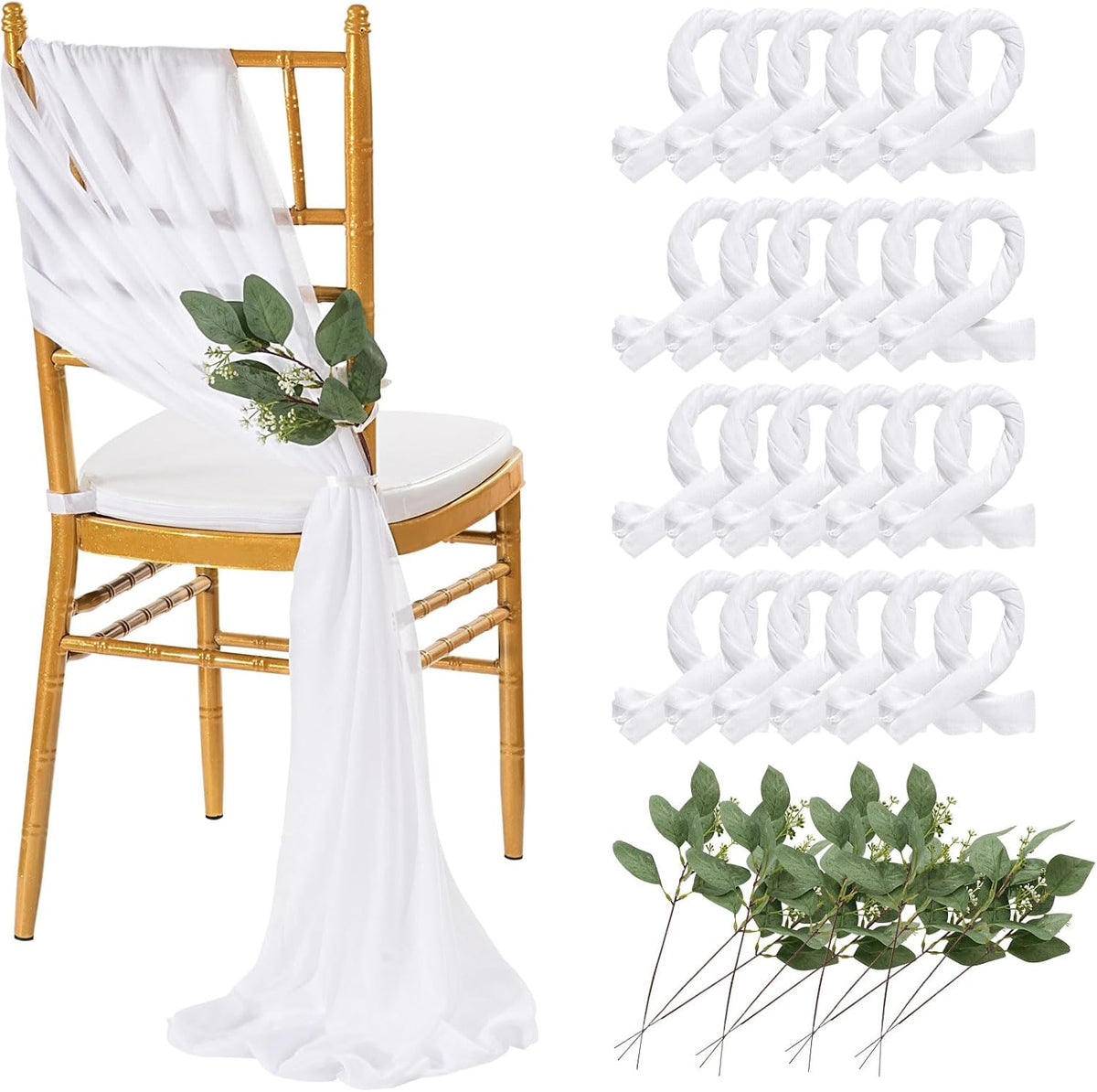 QueenDream White Chair Sashes Wedding Aisle Decorations: 24 Packs 8ft Long Draping Fabric Sheer Church Chair Cover Bulk for Party Banquet