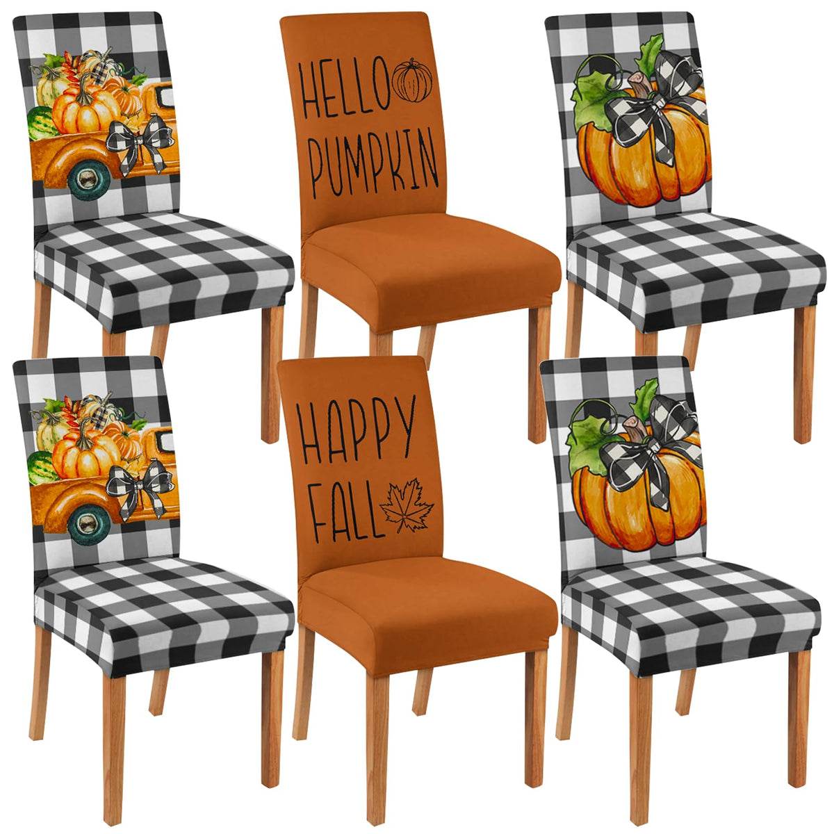 6 Pcs Fall Chair Covers for Dining Room, Thanksgiving Stretch Removable Dining Chair Cover Set of 6, Autumn Pumpkin Chair Slipcovers Seat Protector for Fall Restaurant Decor