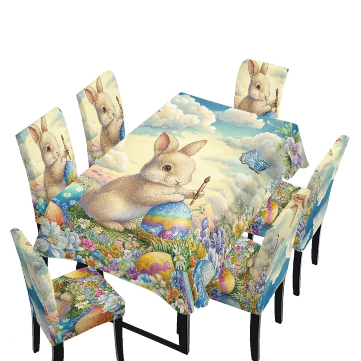 Table Cloth Rectangle Table Set of 7 Include Kitchen Chair Covers and Tablecloths for Dining Room Hotel Banquet, Anti-Scratch Chair Seat Protector Cover, Daisy Hippie Flower Print