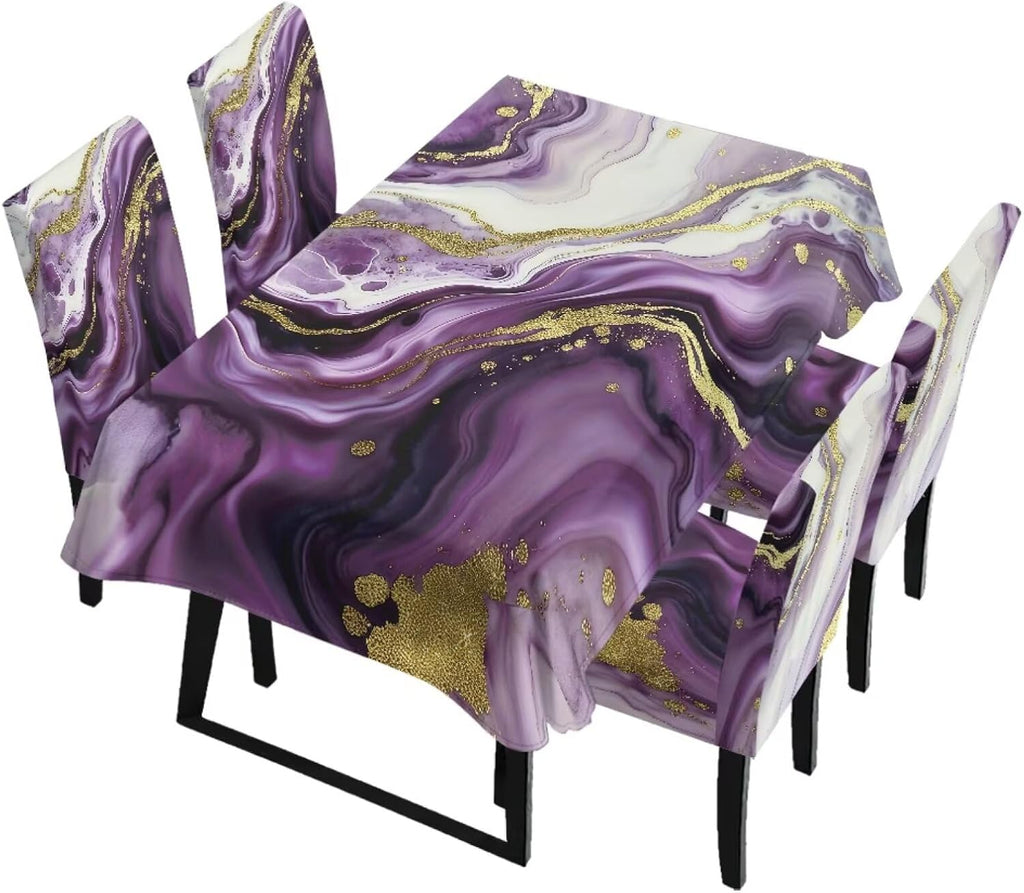 Table Cloth Rectangle Table Set of 7 Include Kitchen Chair Covers and Tablecloths for Dining Room Hotel Banquet, Anti-Scratch Chair Seat Protector Cover, Daisy Hippie Flower Print