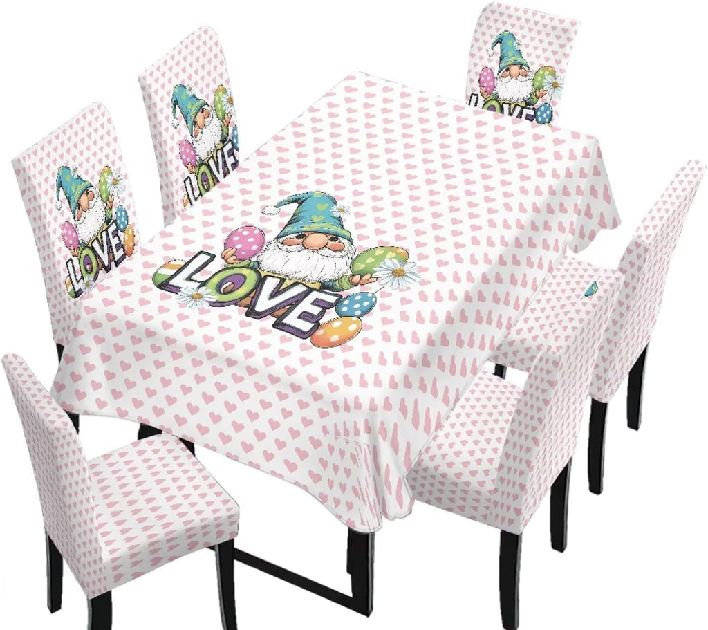 Dining Seat Slipcovers for Easter Decor Set of 7 Includes Tablecloths and Stretch Removable Dining Room Chair Covers Stain Resistant Table Protector, Easter Egg Love Heart Gnome Print