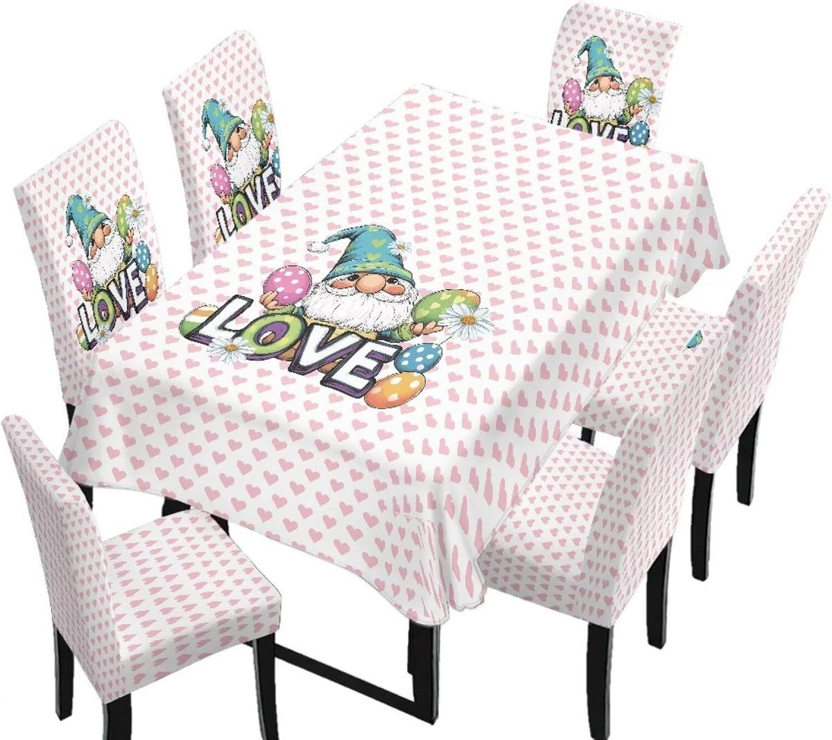 Dining Seat Slipcovers for Easter Decor Set of 7 Includes Tablecloths and Stretch Removable Dining Room Chair Covers Stain Resistant Table Protector, Easter Egg Love Heart Gnome Print