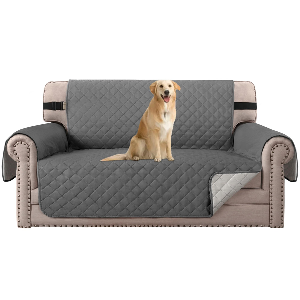H.VERSAILTEX Reversible Couch Cover for 2 Cushion Couch Water Resistant Loveseat Washable Furniture Cover with Non-Slip Elastic Strap for Dogs, Pets, Kids(Oversized Loveseat, Charcoal Grey)
