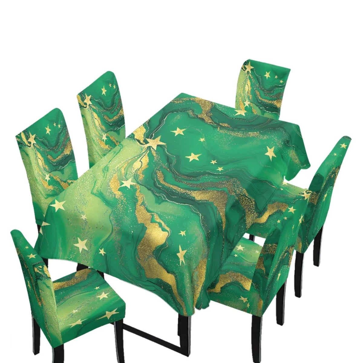 5 Pack Dining Room Chair Cover Set and Table Cloth Rectangle, Dust Proof Machine Washable Tablecloths Comfortable Chair Seat Slipcovers for Restaurant Decor, Abstract Fluid Marble