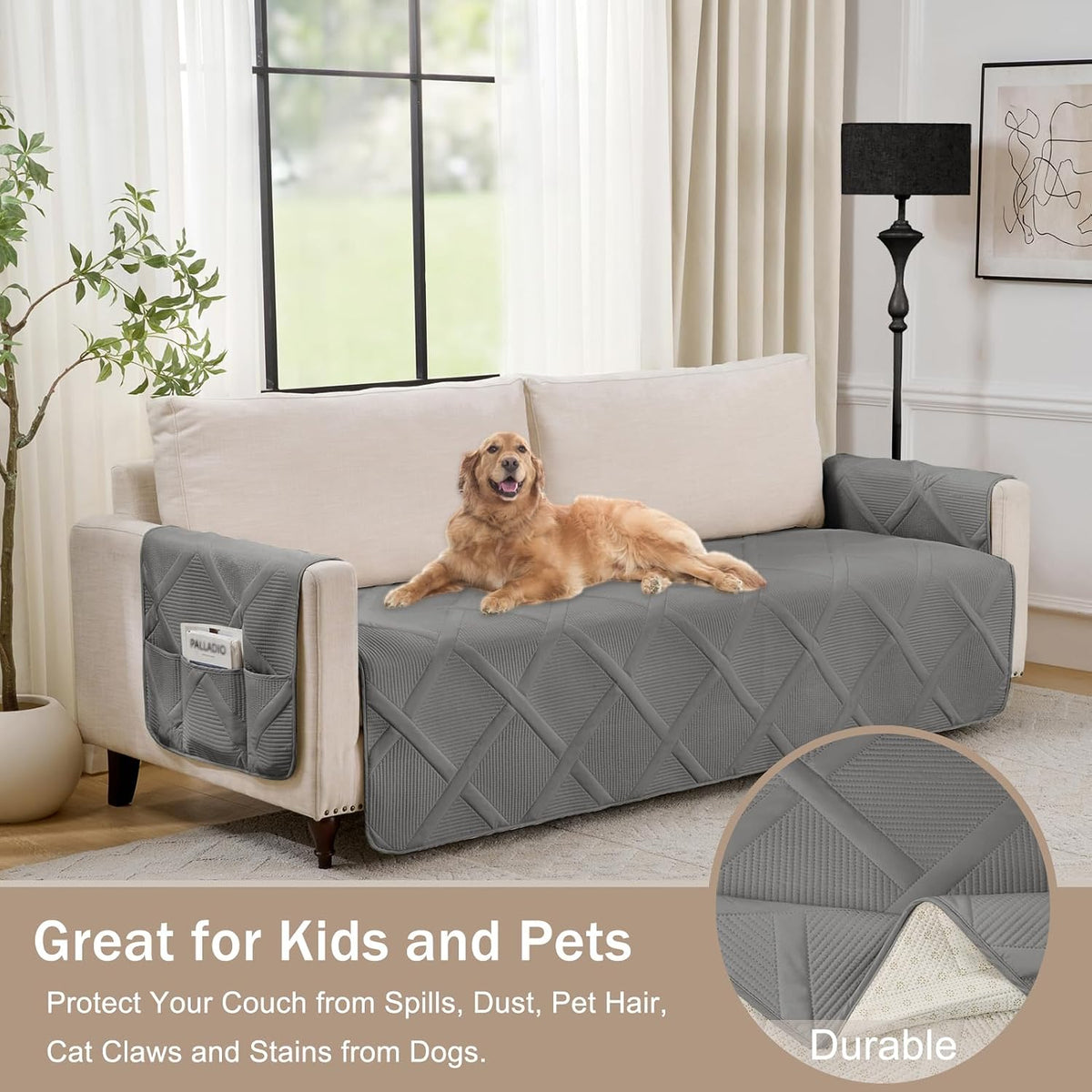 Backless Loveseat Covers for 2 Cushion Couch, Water-Repellent Covers for Leather Sofa Couch, Machine Washable Quilted Couch Covers, Pet Friendly Loveseat Slipcovers (Loveseat 48", Cool Gray)