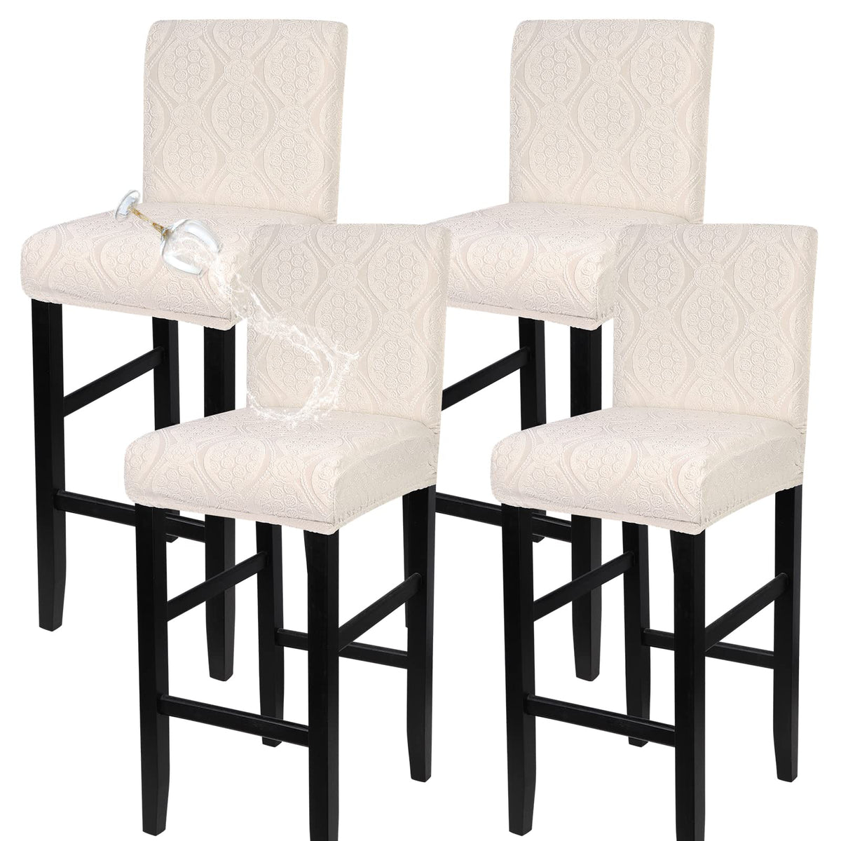 SearchI Bar Stool Covers Set of 4, Stretch Washable Barstool Seat Covers, Counter Height Chair Covers for Kitchen Dining Room Cafe (Beige Linen-Look Print)