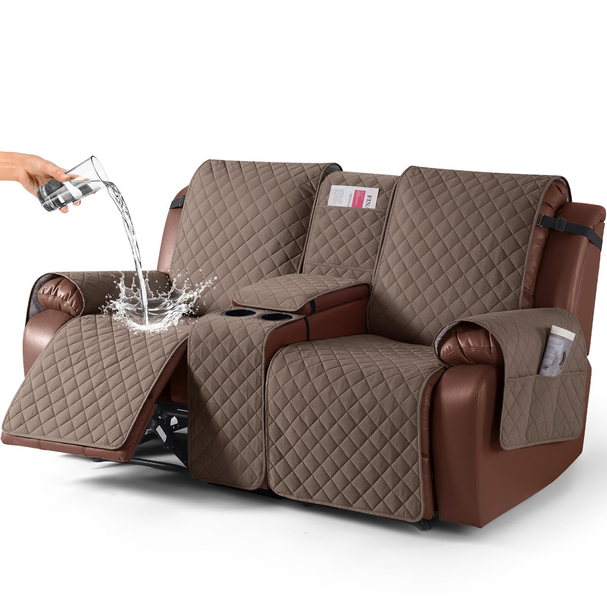 KinCam 100% Waterproof Loveseat Recliner Cover with Console, Khaki