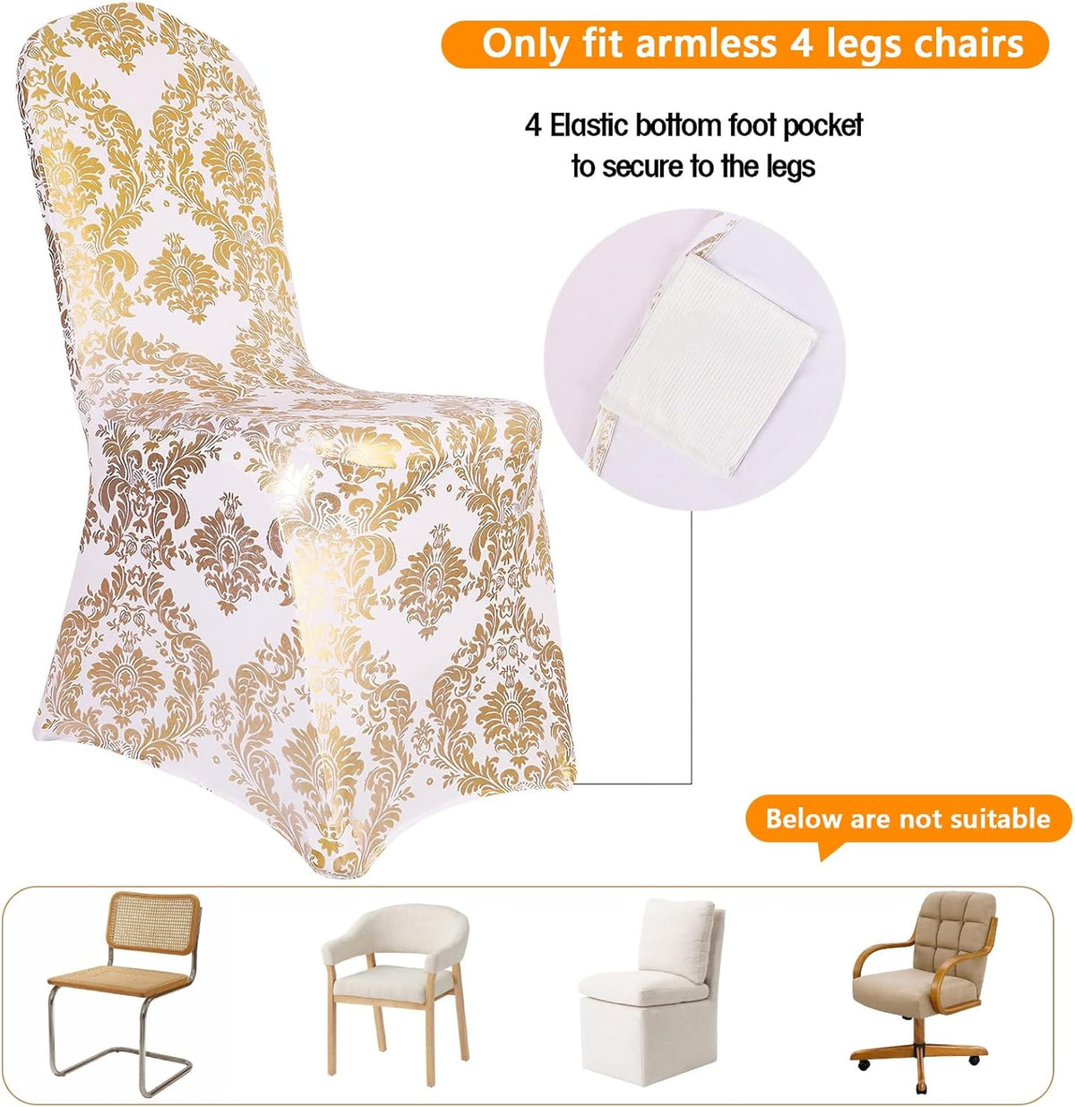 Gold Chair Covers Foil Floral Print, Stretch Fit, 1 Pack