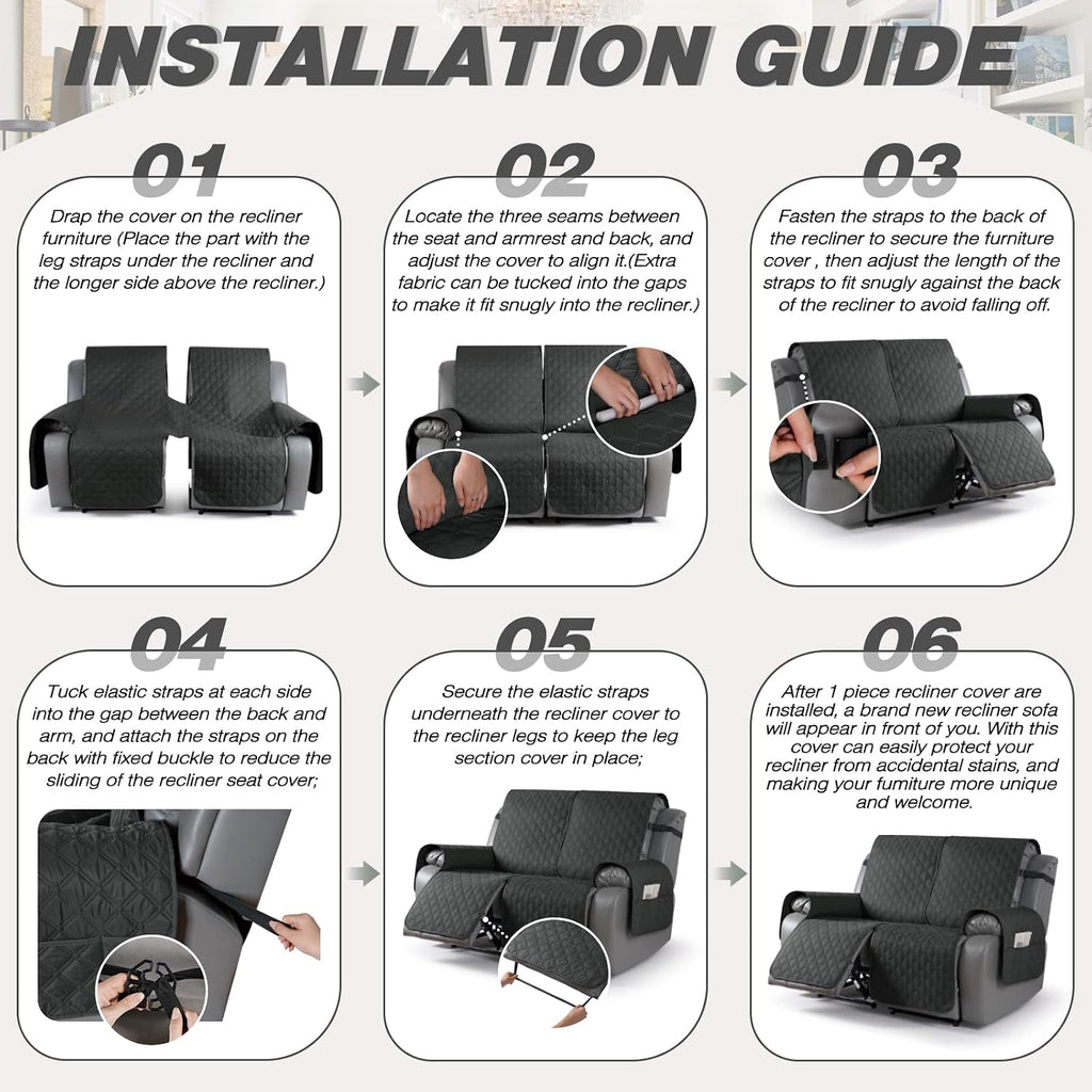 TAOCOCO 100% Waterproof Loveseat Recliner Covers Reversible, Charcoal Gray