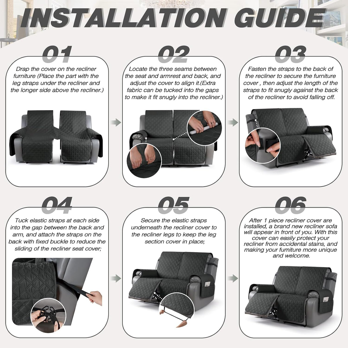 TAOCOCO 100% Waterproof Loveseat Recliner Covers Reversible, Charcoal Gray