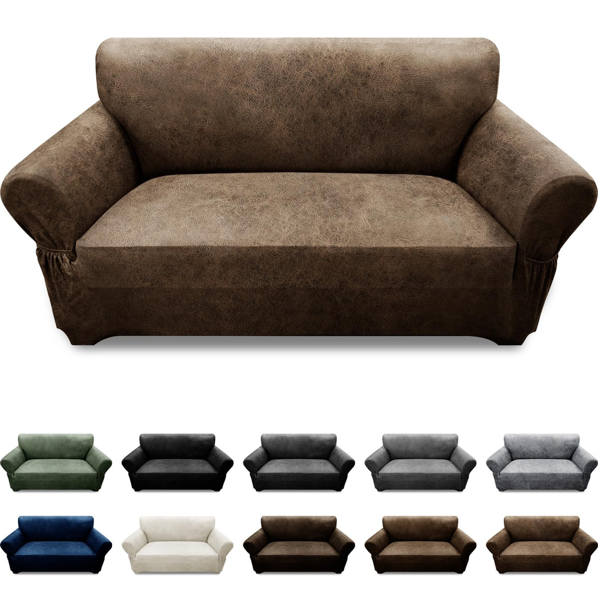 3-Pieces T Cushion Loveseat Slipcovers Leather Look Couch Cover Loveseat Covers for 2 Cushion Couch Furniture Protector Stretch Sofa Cover with 2 Individual T Cushion Seat Covers, Brown