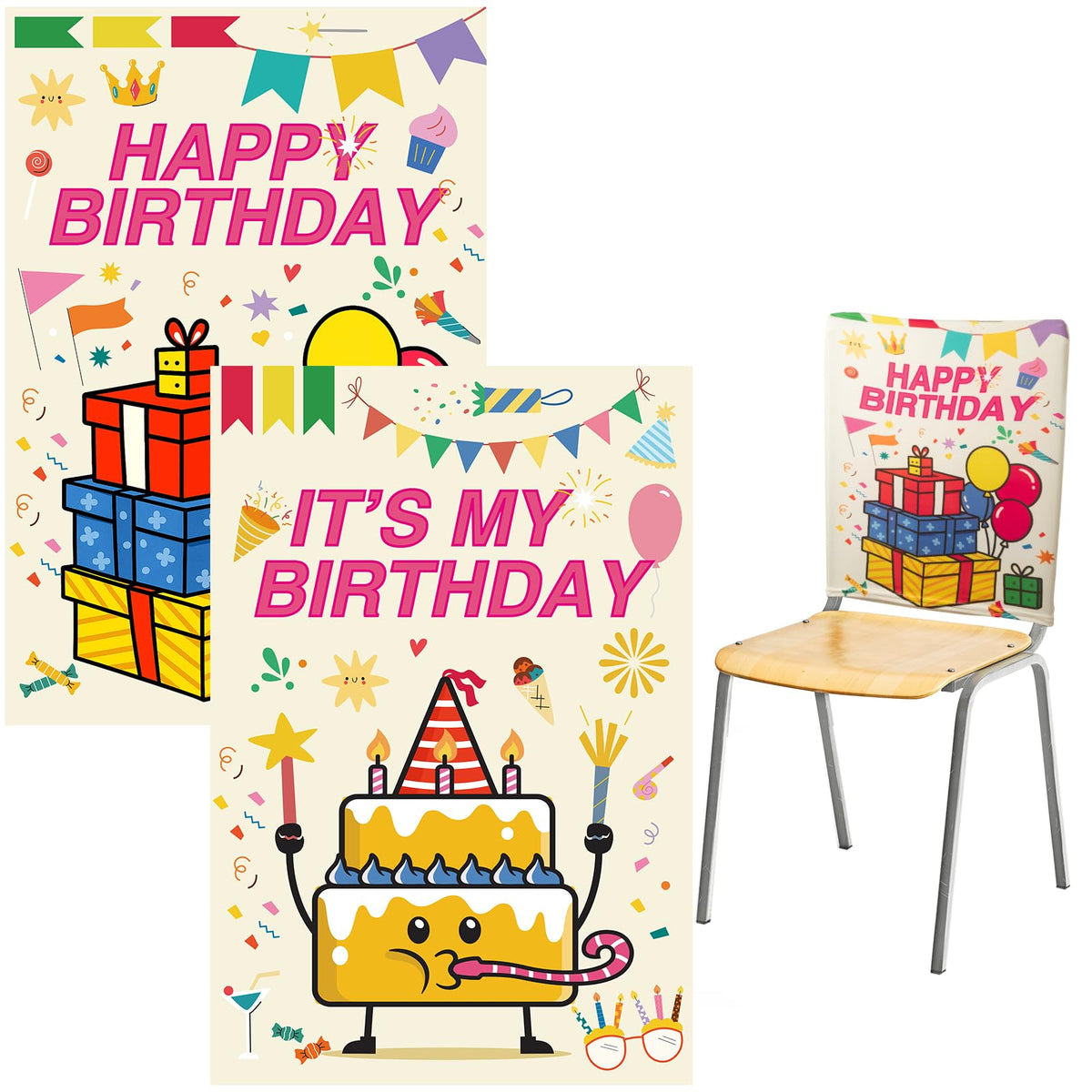 Set of 2 Happy Birthday Chair Covers for Classroom 16.5x22.4 Inch
