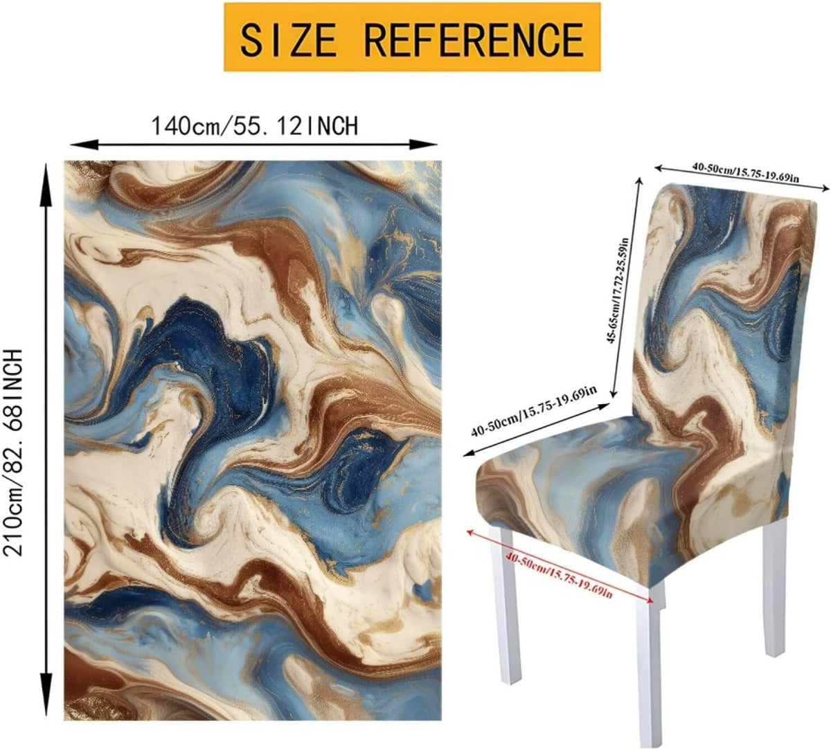 5 Pack Dining Room Chair Cover Set and Table Cloth Rectangle, Dust Proof Machine Washable Tablecloths Comfortable Chair Seat Slipcovers for Restaurant Decor, Abstract Fluid Marble