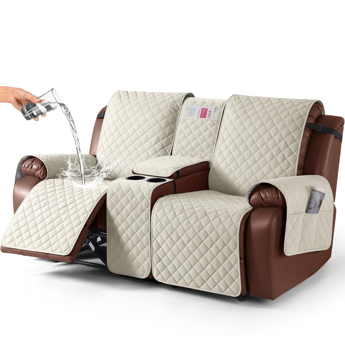 KinCam 100% Waterproof Loveseat Recliner Cover with Console, Khaki