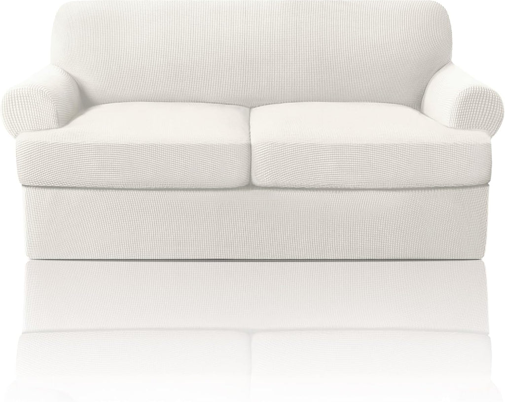 PrinceDeco T Cushion Loveseat Slipcover - 3 Pieces Sofa Cover for 2 Cushion Couch with 2 Individual T Shape Seat Covers Width Up to 76 Inch - Stretch, Machine Washable, Porcelain
