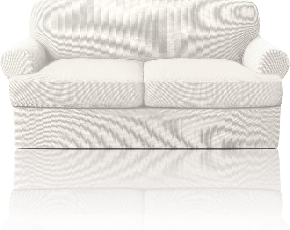 PrinceDeco T Cushion Loveseat Slipcover - 3 Pieces Sofa Cover for 2 Cushion Couch with 2 Individual T Shape Seat Covers Width Up to 76 Inch - Stretch, Machine Washable, Porcelain