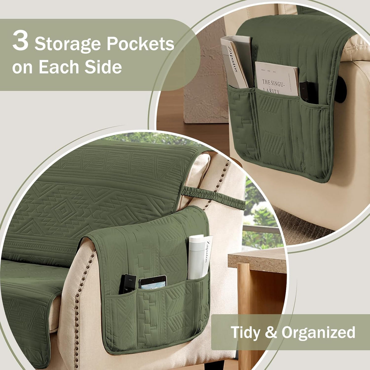 Boho Olive Green Loveseat Covers for 2 Cushion Couch, Water-Repellent Aztec Covers for Love Seat, Washable Quilted Couch Covers, Pet Friendly Loveseat Slipcovers (Loveseat 48", Olive Green)