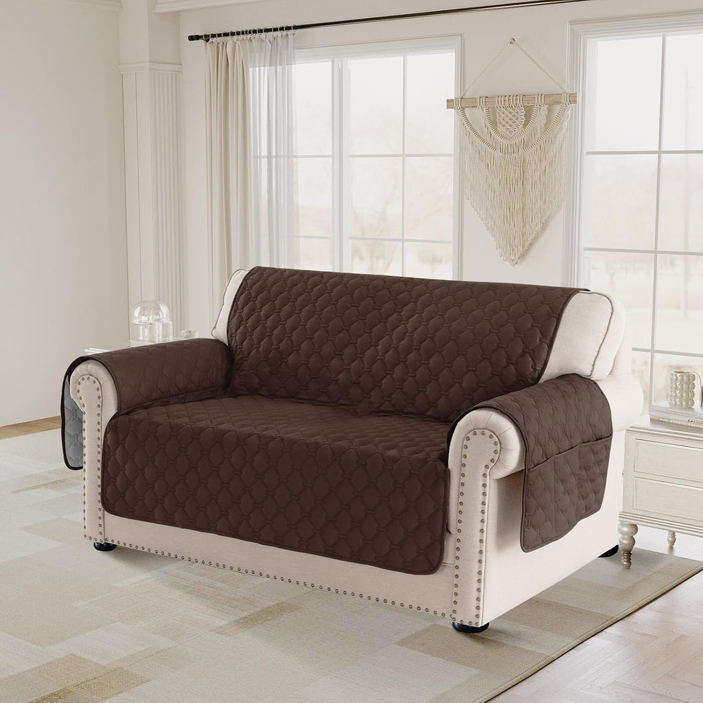 PrinceDeco Love Seat Couch Covers for Dogs Quilted Loveseat Cover Furniture Protector Non-Slip Rubber Backing Water Resistant for 2 Cushion Couch Seat Width to 48"(Loveseat, Brown)