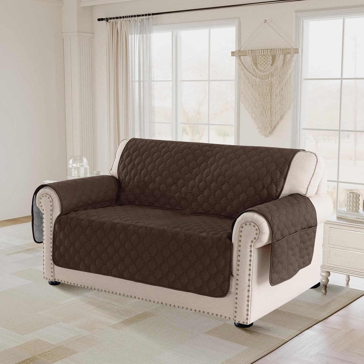 PrinceDeco Love Seat Couch Covers for Dogs Quilted Loveseat Cover Furniture Protector Non-Slip Rubber Backing Water Resistant for 2 Cushion Couch Seat Width to 48"(Loveseat, Brown)